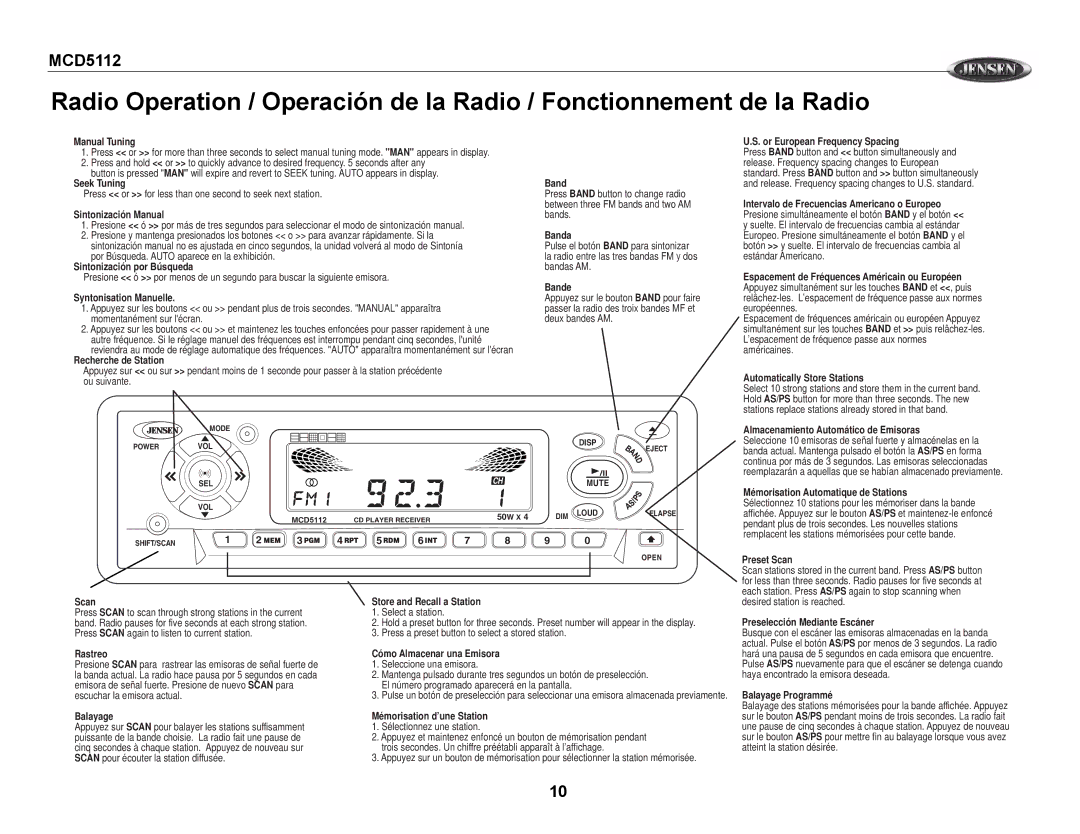 Jensen MCD5112 Manual Tuning, Seek Tuning Band, Sintonización Manual, Banda, Bande Syntonisation Manuelle, Scan, Balayage 