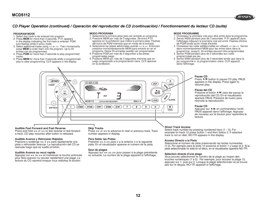 Jensen MCD5112 Pause CD, Pausa del CD, Audible Fast Forward and Fast Reverse, Audible Avance y Retroceso Rápidos 