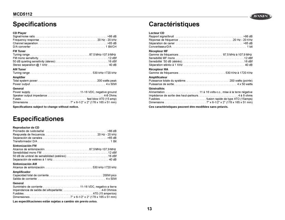 Jensen MCD5112 owner manual Specifications, Especificationes, Caractéristiques 