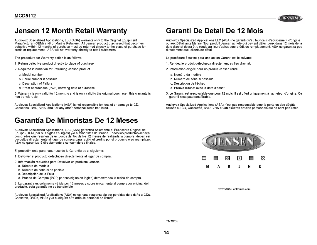 Jensen MCD5112 Jensen 12 Month Retail Warranty, Garanti De Detail De 12 Mois, Garantía De Minoristas De 12 Meses 