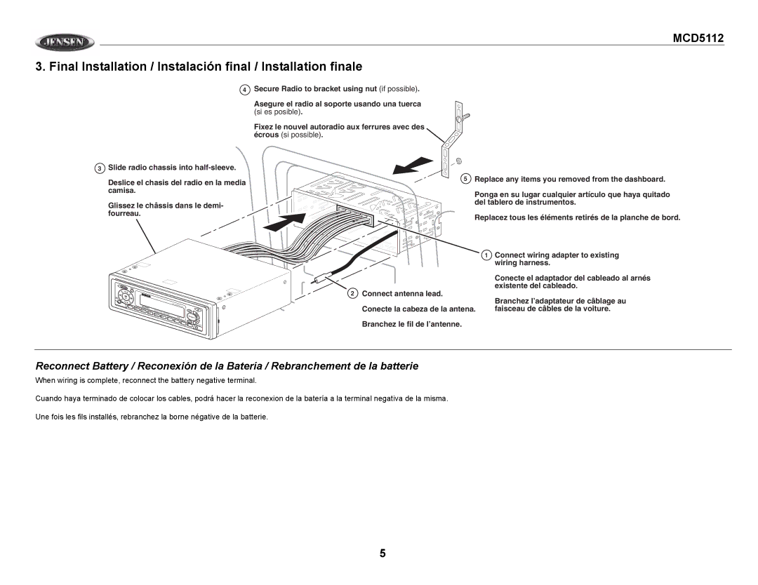 Jensen MCD5112 owner manual Final Installation / Instalación final / Installation finale 