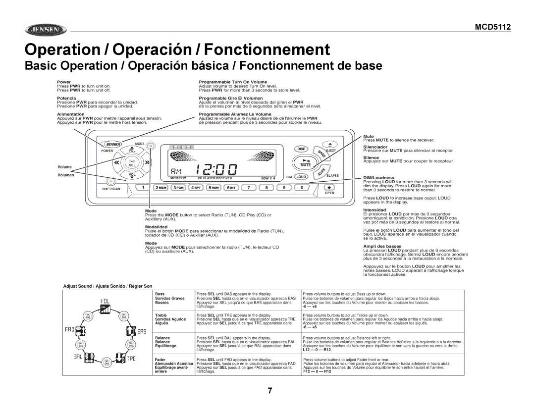 Jensen MCD5112 Operation / Operación / Fonctionnement, Basic Operation / Operación básica / Fonctionnement de base 