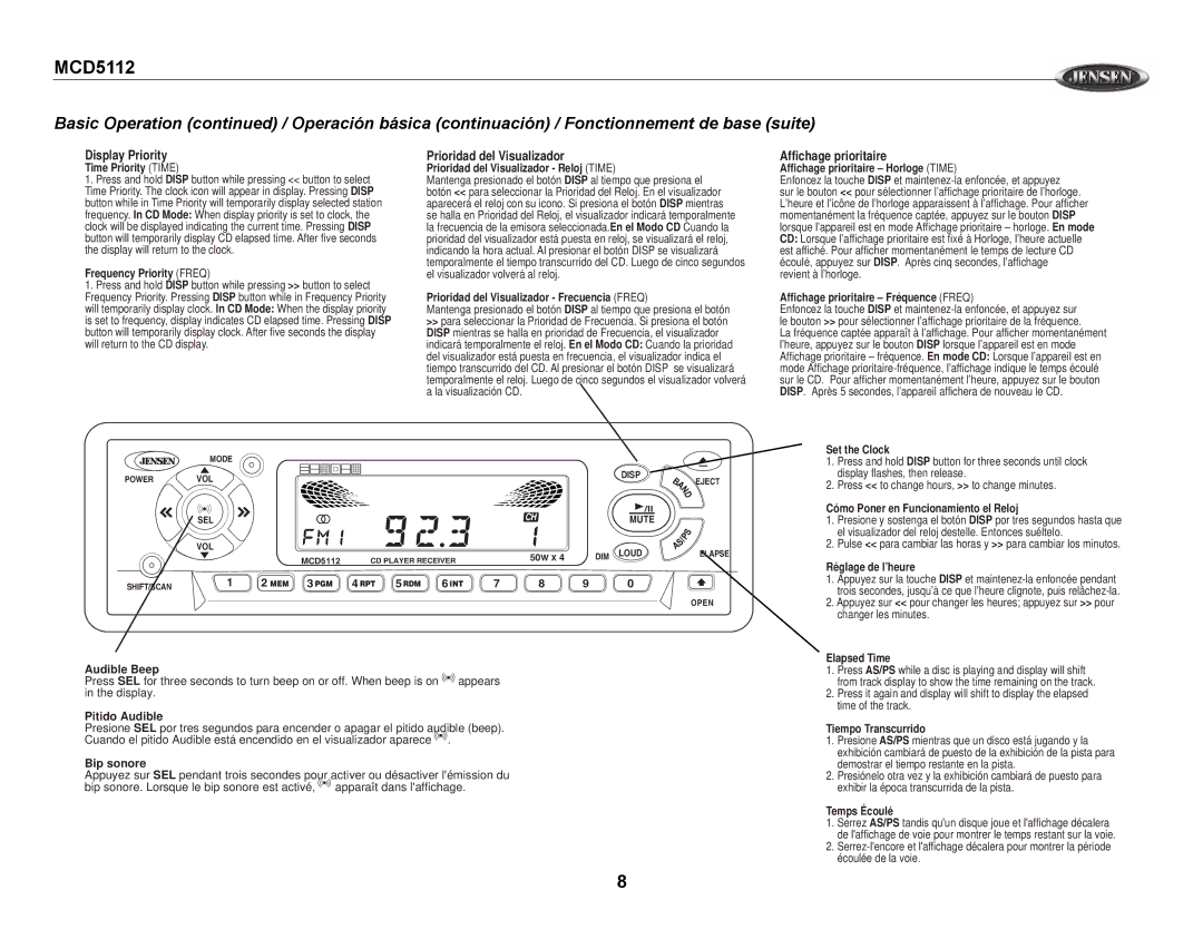 Jensen MCD5112 owner manual Display Priority, Prioridad del Visualizador, Affichage prioritaire 