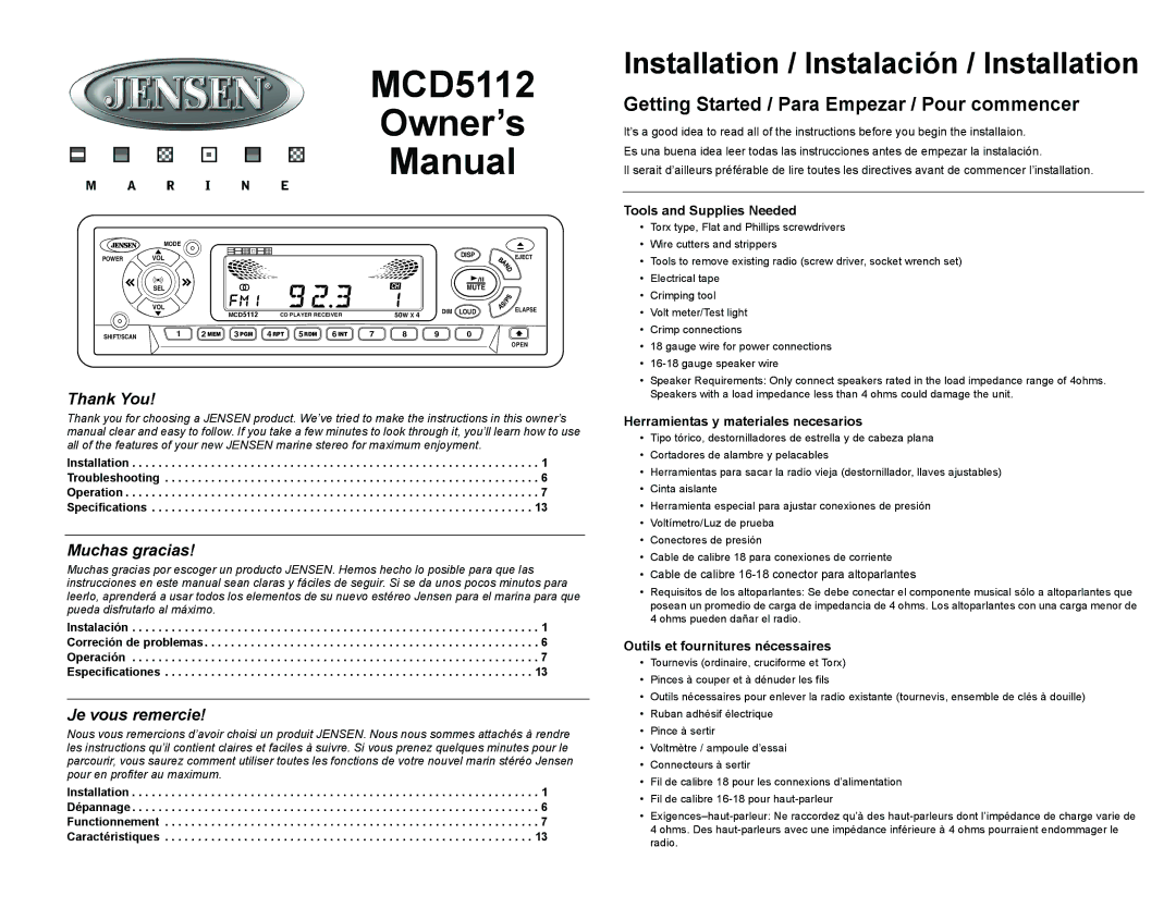 Jensen MCD5112 owner manual Getting Started / Para Empezar / Pour commencer, Thank You, Muchas gracias, Je vous remercie 