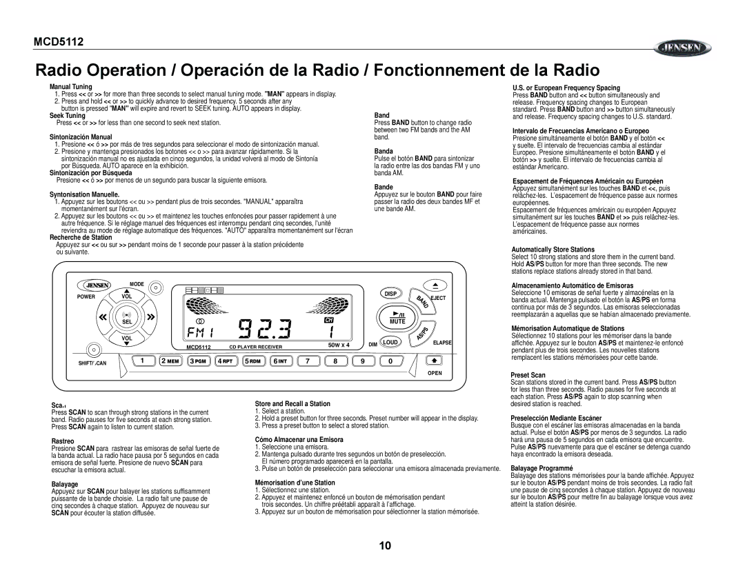Jensen MCD5112 Manual Tuning, Seek Tuning, Sintonización Manual, Sintonización por Búsqueda, Syntonisation Manuelle, Band 