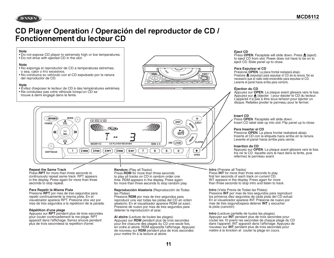 Jensen MCD5112 Nota, Eject CD, Para Expulsar el CD, Éjection du CD, Insert CD, Para Insertar el CD, Insertion de CD 