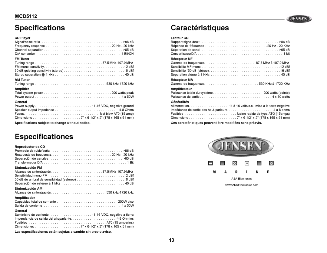 Jensen MCD5112 owner manual Specifications, Especificationes, Caractéristiques 