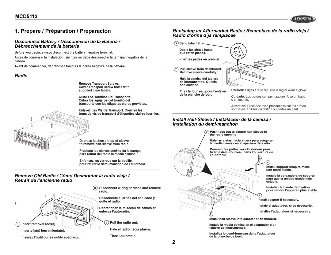 Jensen MCD5112 owner manual Prepare / Préparation / Preparación, Radio, Ford / Mercury, Depress latches on top of sleeve 