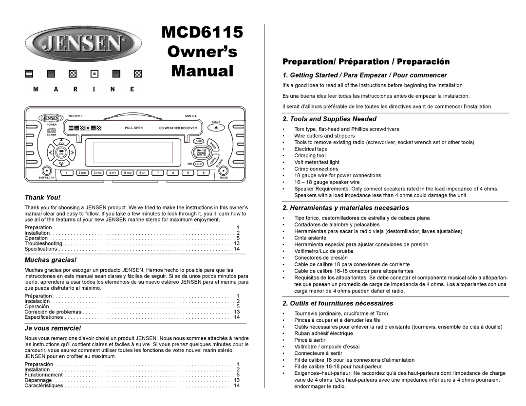 Jensen MCD6115 owner manual Preparation/ Préparation / Preparación 