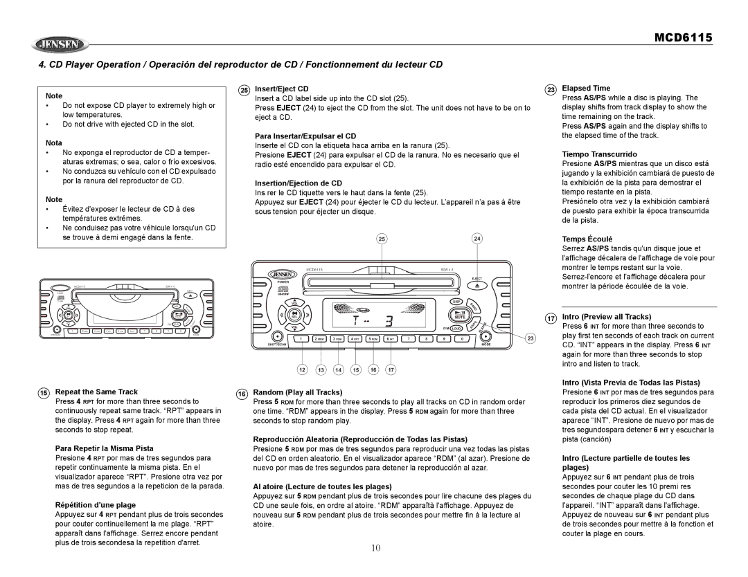 Jensen MCD6115 Nota, Insert/Eject CD, Para Insertar/Expulsar el CD, Insertion/Ejection de CD, Elapsed Time, Temps Écoulé 