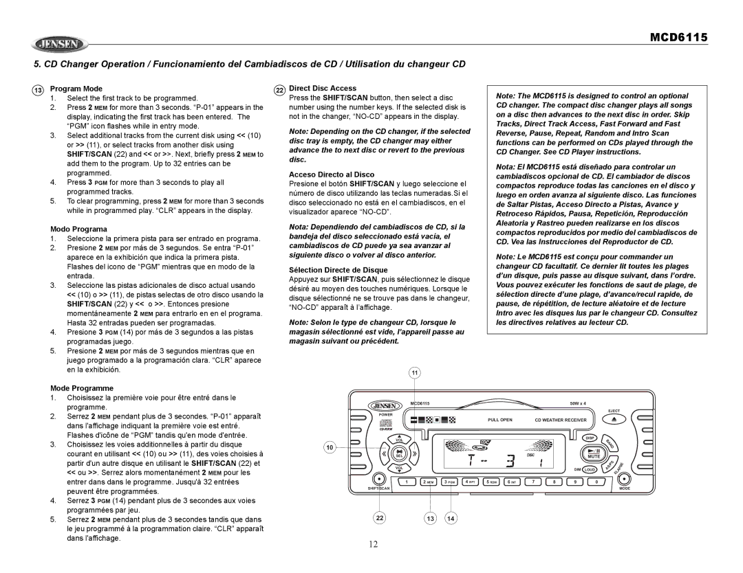 Jensen MCD6115 Modo Programa, Mode Programme Direct Disc Access, Acceso Directo al Disco, Sélection Directe de Disque 