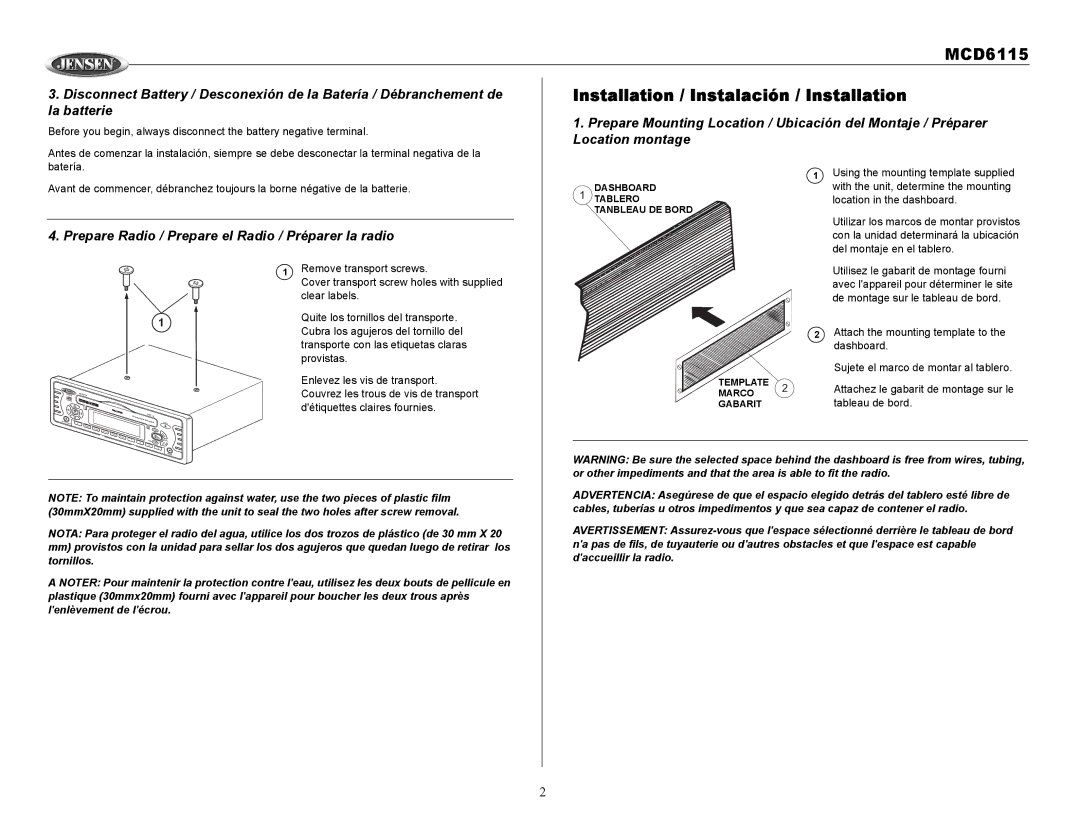 Jensen MCD6115 Installation / Instalación / Installation, Prepare Radio / Prepare el Radio / Préparer la radio 