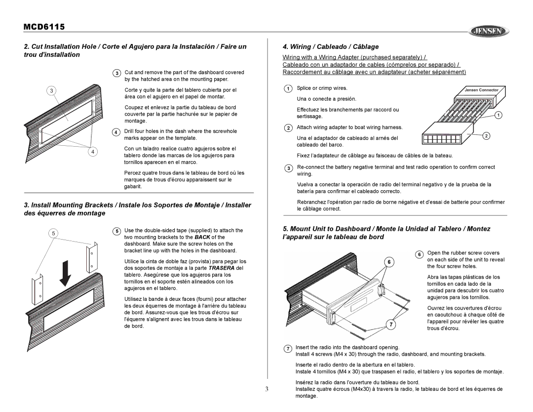 Jensen MCD6115 owner manual Wiring / Cableado / Câblage, Lappareil sur le tableau de bord 