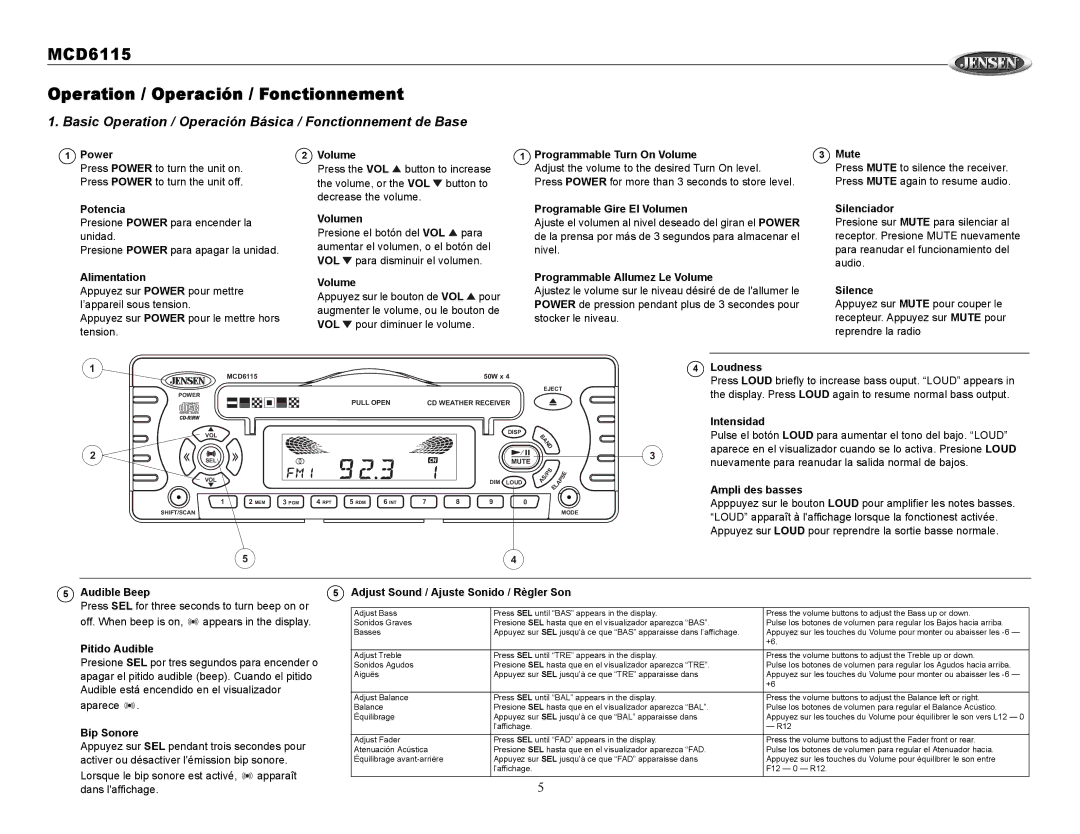 Jensen MCD6115 Operation / Operación / Fonctionnement, Basic Operation / Operación Básica / Fonctionnement de Base 
