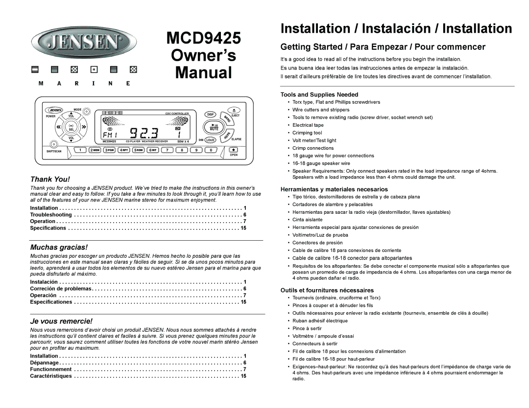 Jensen MCD9425 owner manual Getting Started / Para Empezar / Pour commencer, Thank You, Muchas gracias, Je vous remercie 