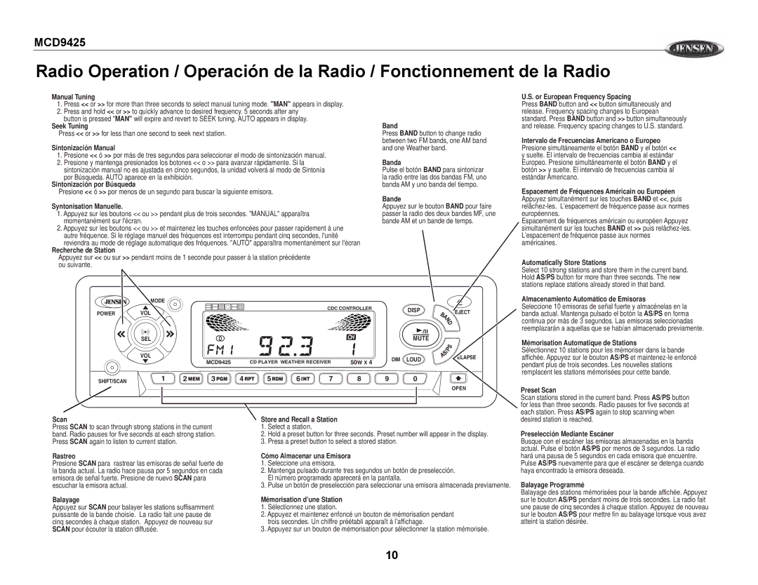 Jensen MCD9425 owner manual Manual Tuning, Seek Tuning Band, Sintonización Manual, Banda, Sintonización por Búsqueda, Bande 