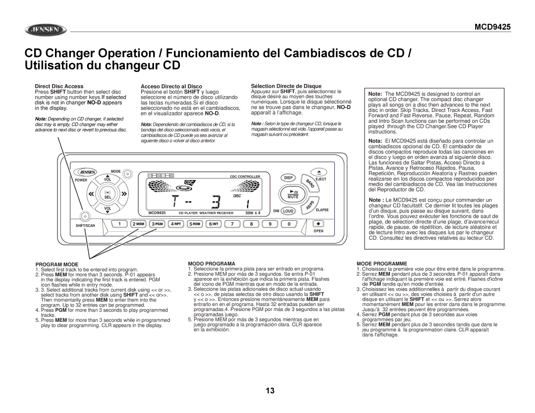 Jensen MCD9425 owner manual Direct Disc Access, Acceso Directo al Disco, Sélection Directe de Disque 