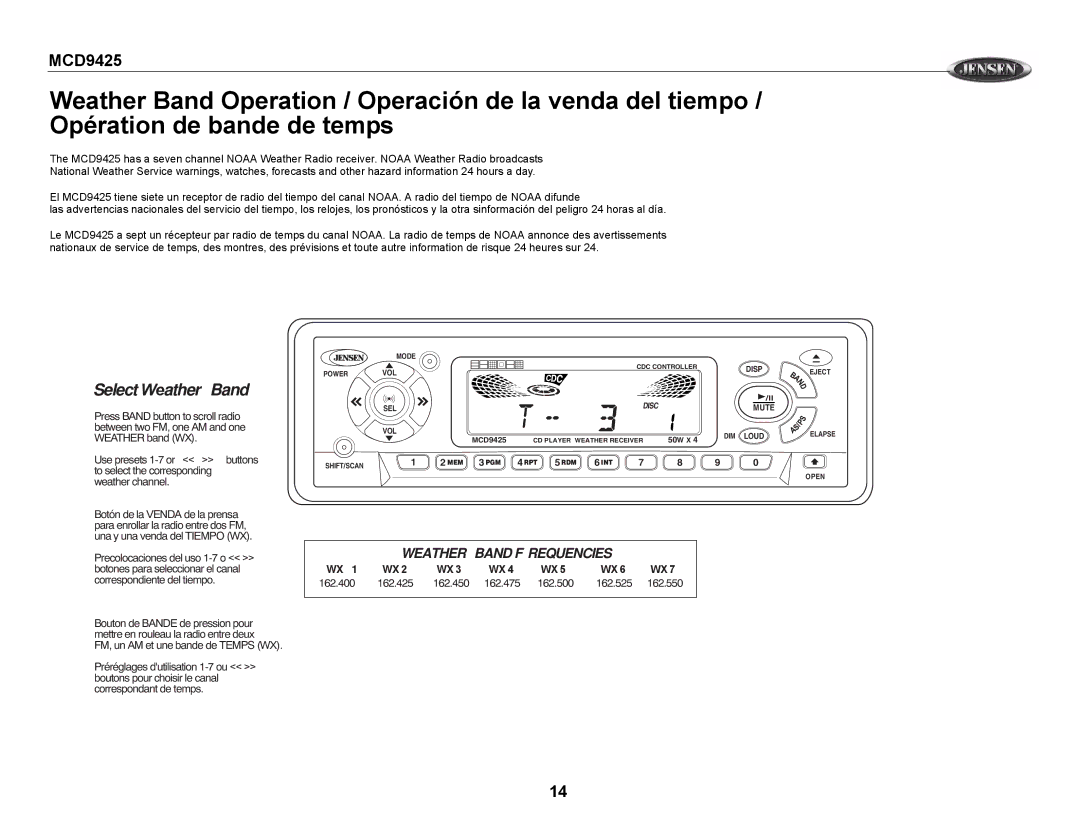 Jensen MCD9425 owner manual Select Weather Band 