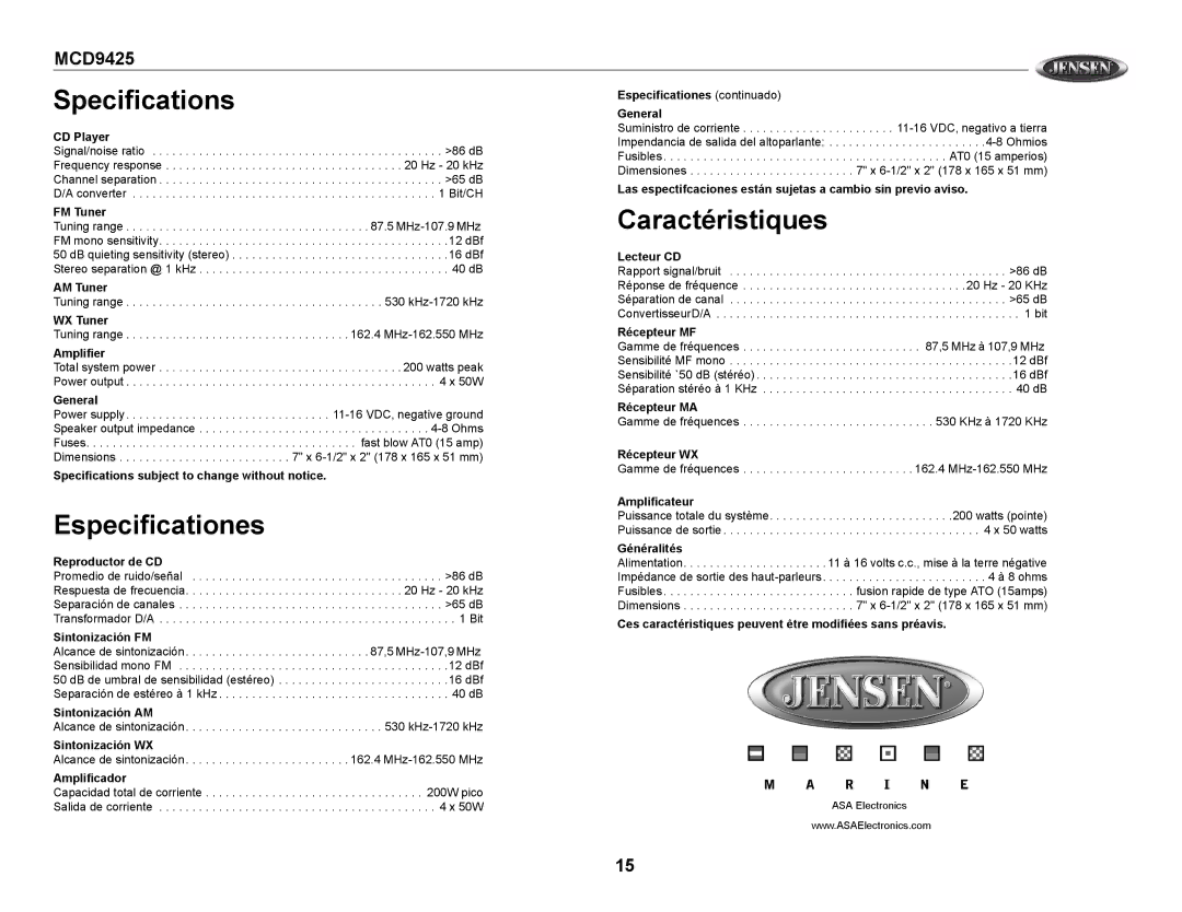 Jensen MCD9425 owner manual Specifications, Especificationes, Caractéristiques 