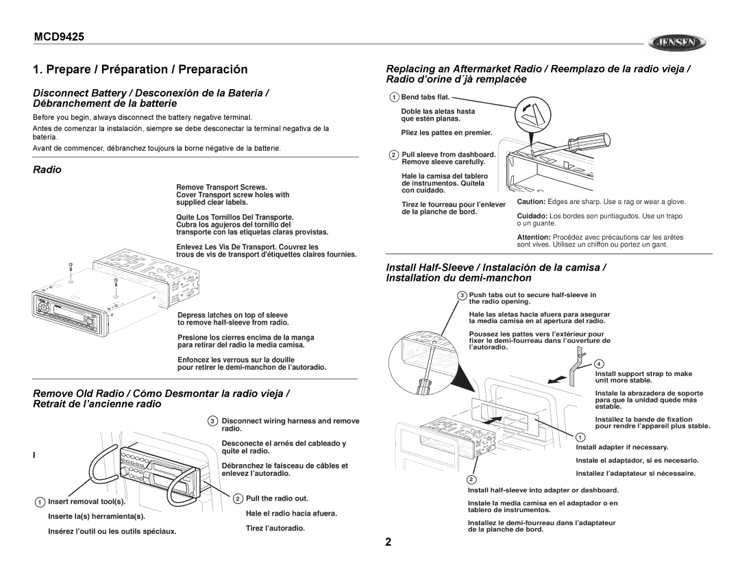 Jensen MCD9425 owner manual Prepare / Préparation / Preparación, Radio, Ford / Mercury, Depress latches on top of sleeve 