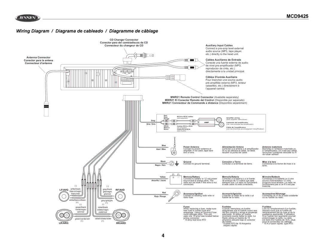 Jensen MCD9425 owner manual Wiring Diagram / Diagrama de cableado / Diagramme de câblage 