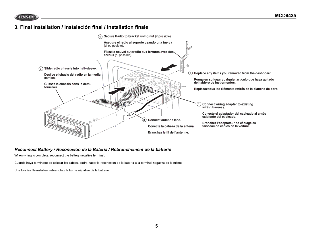 Jensen MCD9425 owner manual Final Installation / Instalación final / Installation finale 