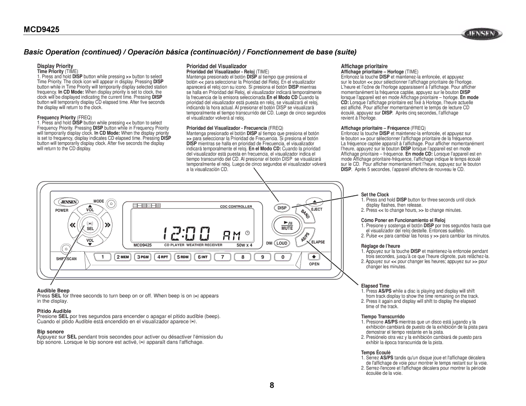 Jensen MCD9425 owner manual Display Priority, Prioridad del Visualizador, Affichage prioritaire 