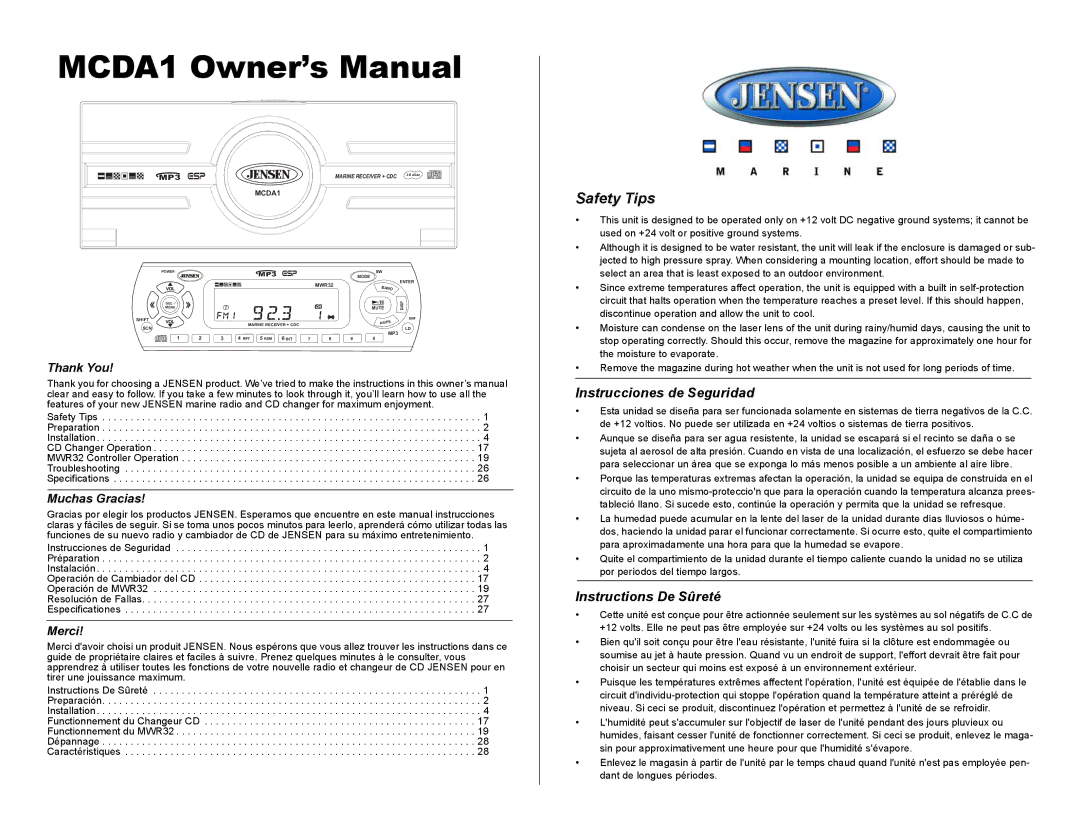 Jensen MCDA1 owner manual Instrucciones de Seguridad, Instructions De Sûreté, Used on +24 volt or positive ground systems 