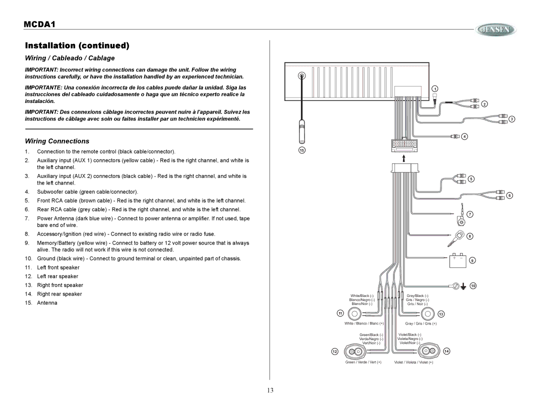 Jensen MCDA1 owner manual Wiring / Cableado / Cablage, Wiring Connections 