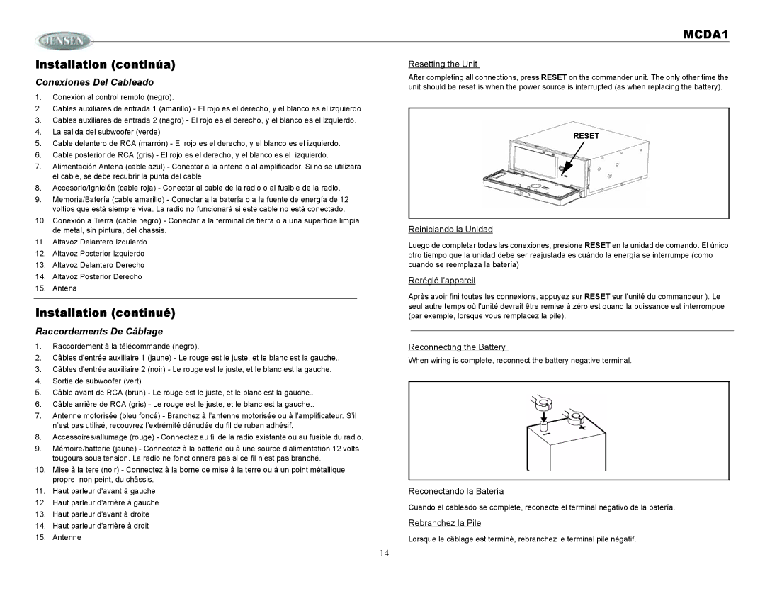 Jensen MCDA1 owner manual Conexiones Del Cableado, Raccordements De Câblage 