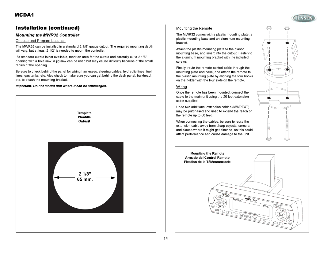 Jensen MCDA1 owner manual Mounting the MWR32 Controller, Choose and Prepare Location, Mounting the Remote, Wiring 