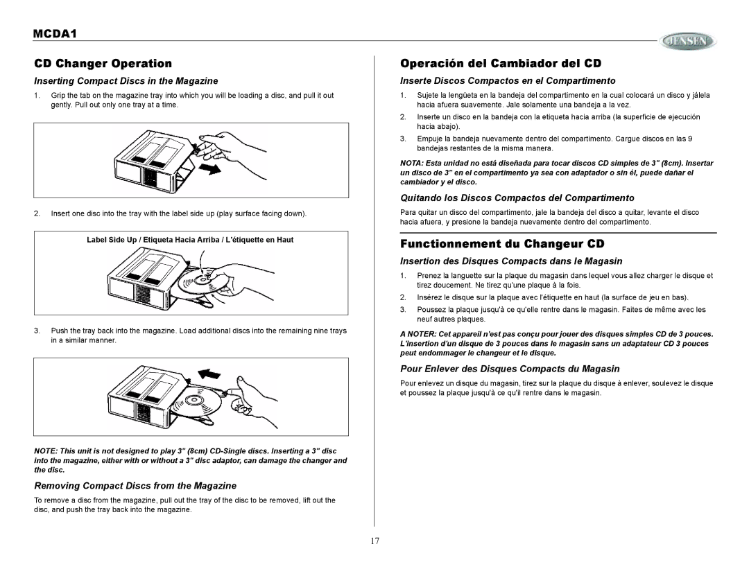 Jensen MCDA1 owner manual CD Changer Operation Operación del Cambiador del CD, Functionnement du Changeur CD 