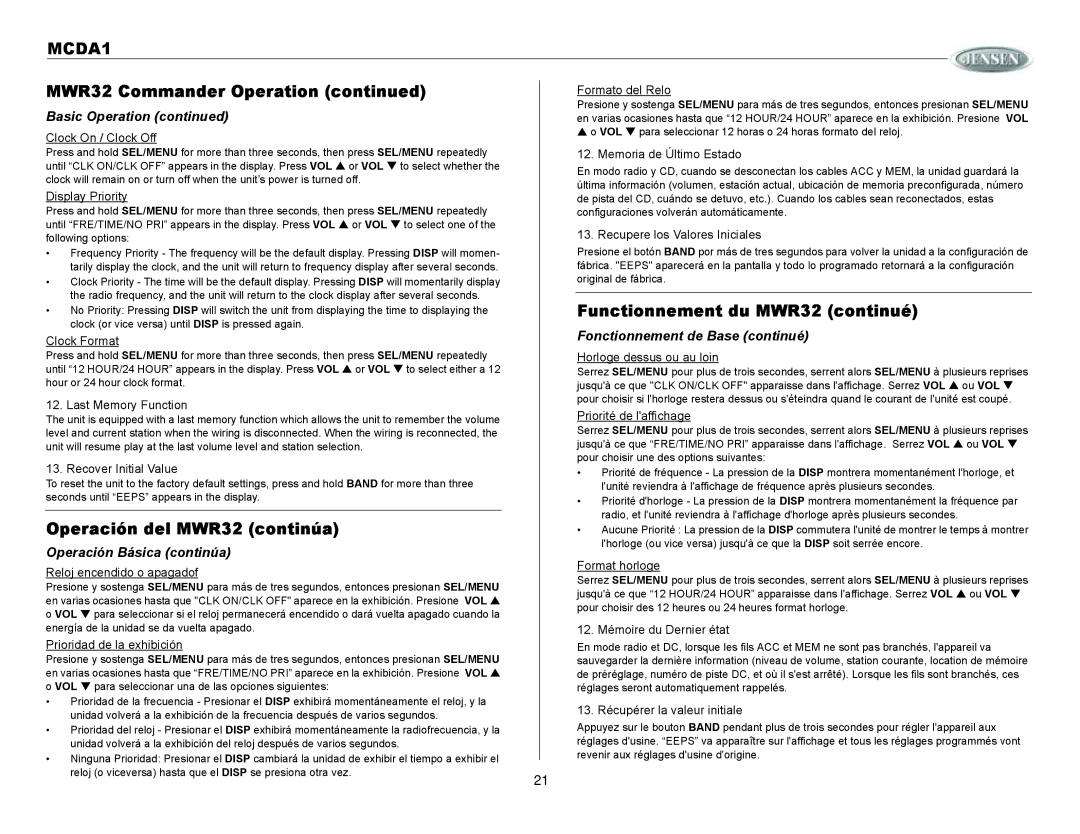 Jensen MCDA1 owner manual Formato del Relo, Clock On / Clock Off, Memoria de Último Estado, Display Priority, Clock Format 