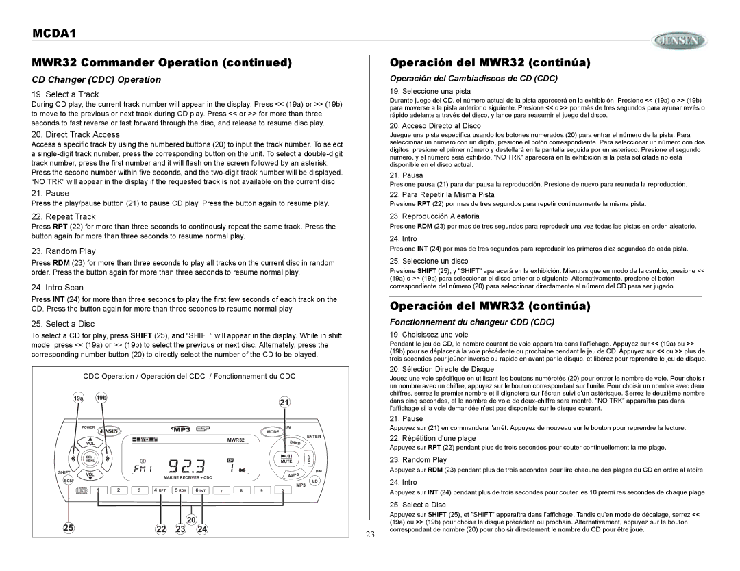 Jensen MCDA1 owner manual CD Changer CDC Operation 