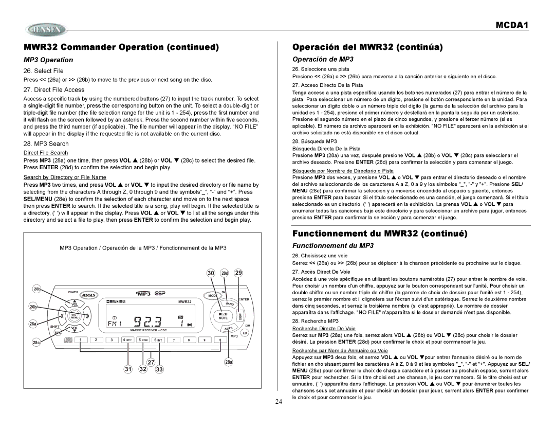 Jensen MCDA1 MP3 Operation Operación de MP3, Functionnement du MP3, Select File, Direct File Access, 28. MP3 Search 