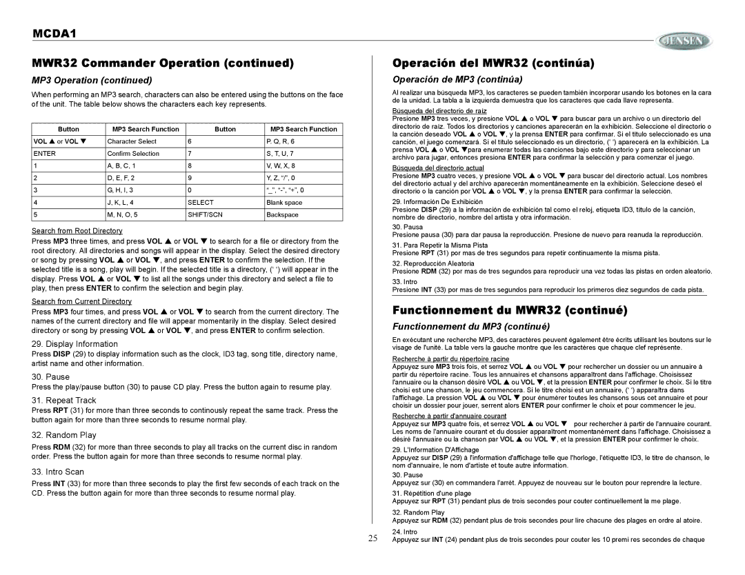 Jensen MCDA1 owner manual MP3 Operation Operación de MP3 continúa, Functionnement du MP3 continué, Display Information 