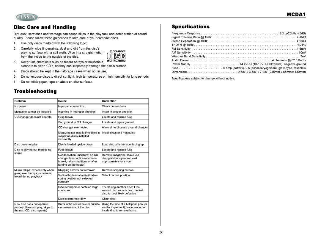 Jensen MCDA1 owner manual Disc Care and Handling Specifications, Troubleshooting 