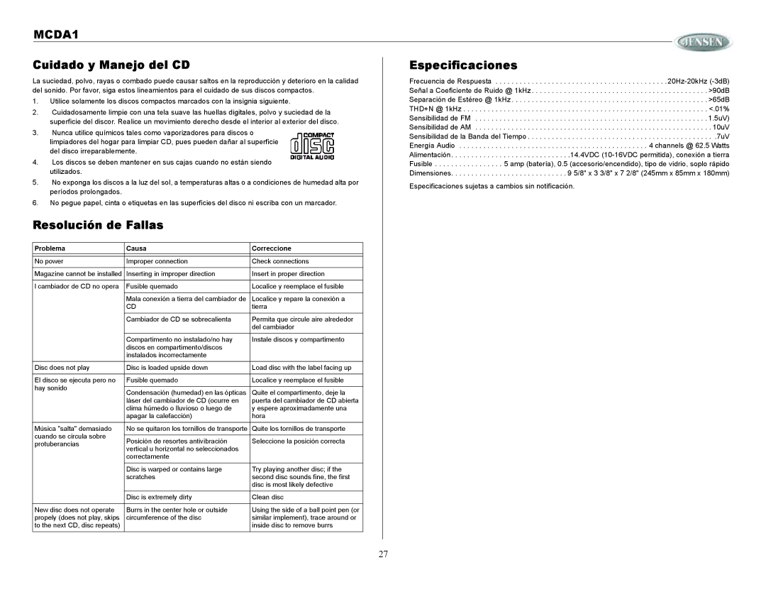 Jensen MCDA1 owner manual Cuidado y Manejo del CD Especificaciones, Resolución de Fallas 