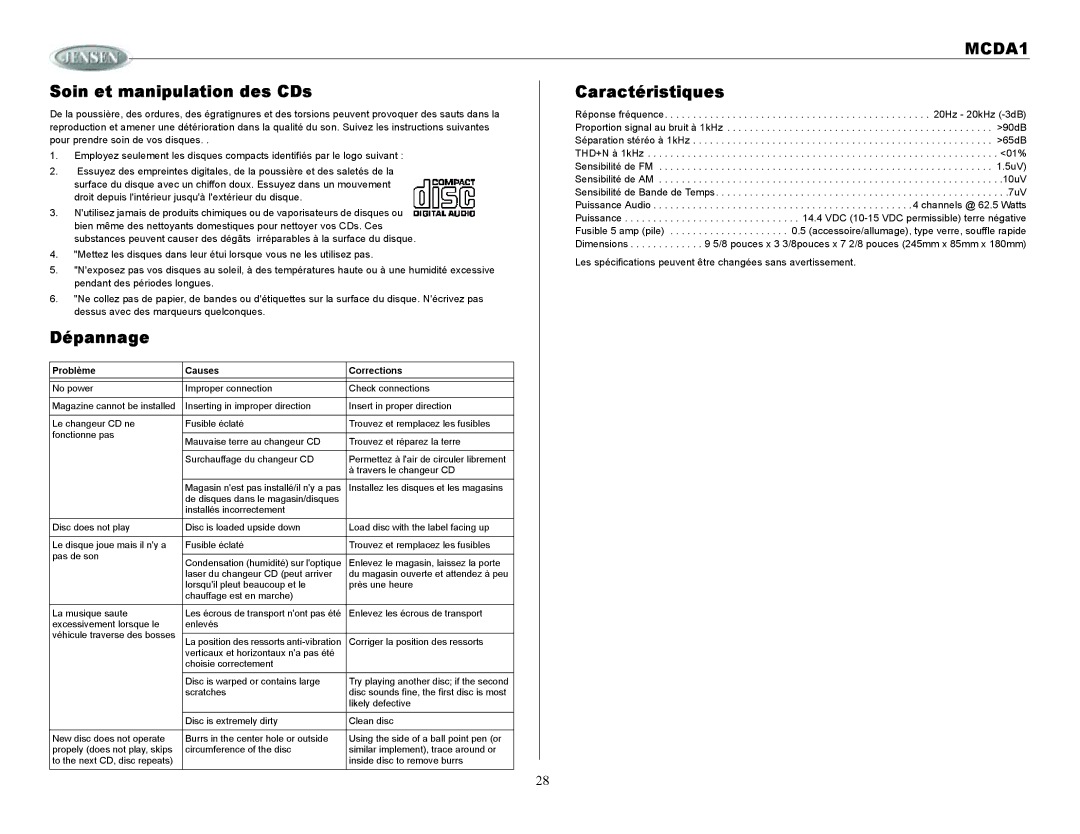 Jensen MCDA1 owner manual Soin et manipulation des CDs Caractéristiques, Dépannage 