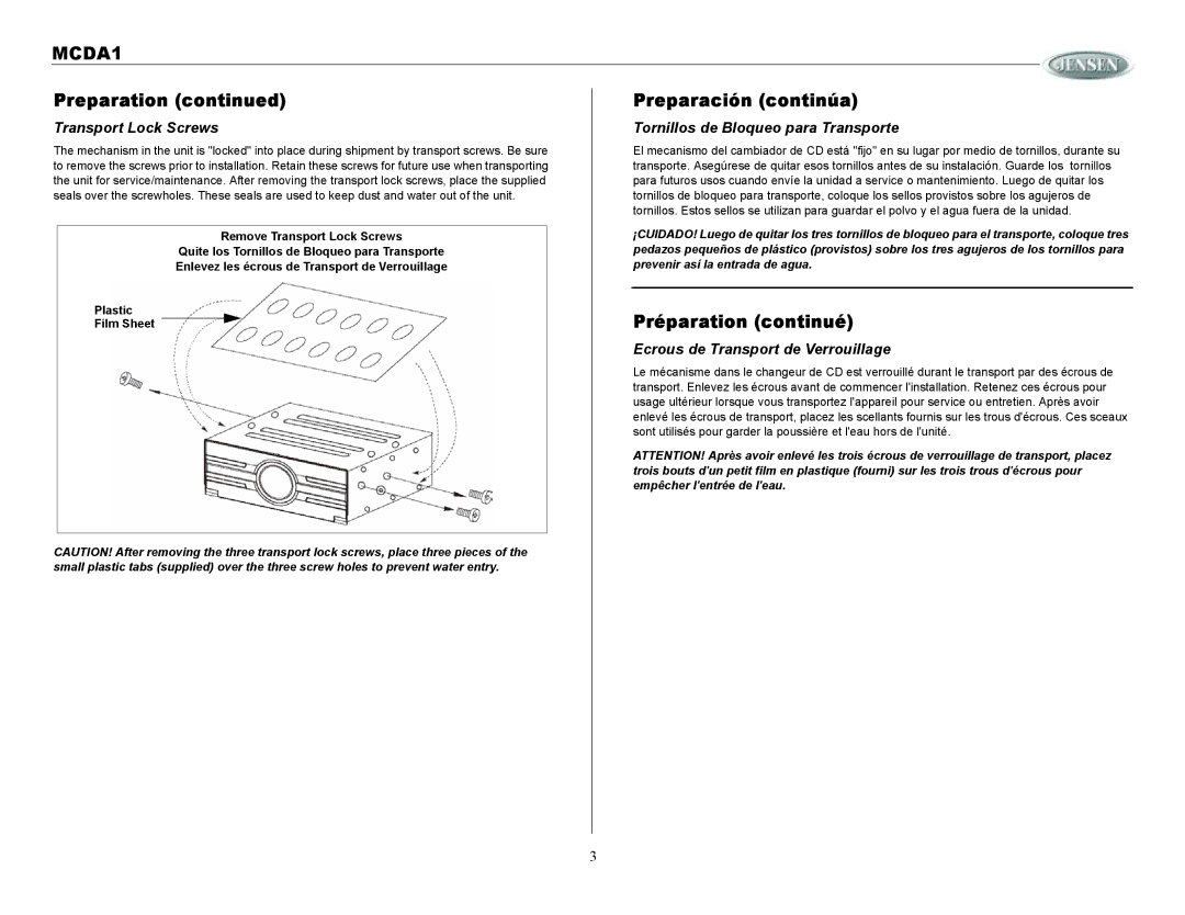 Jensen MCDA1 owner manual Preparation Preparación continúa, Préparation continué, Ecrous de Transport de Verrouillage 