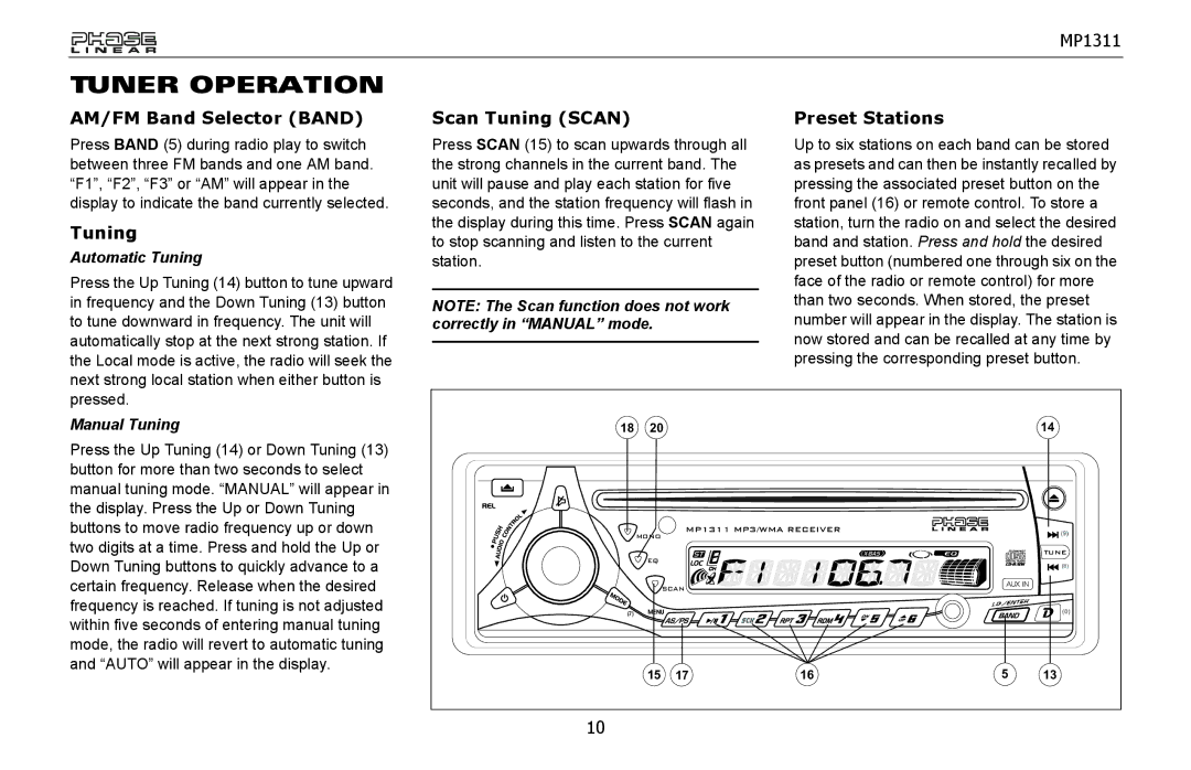 Jensen MP1311 owner manual Tuner Operation, AM/FM Band Selector Band, Scan Tuning Scan, Preset Stations 