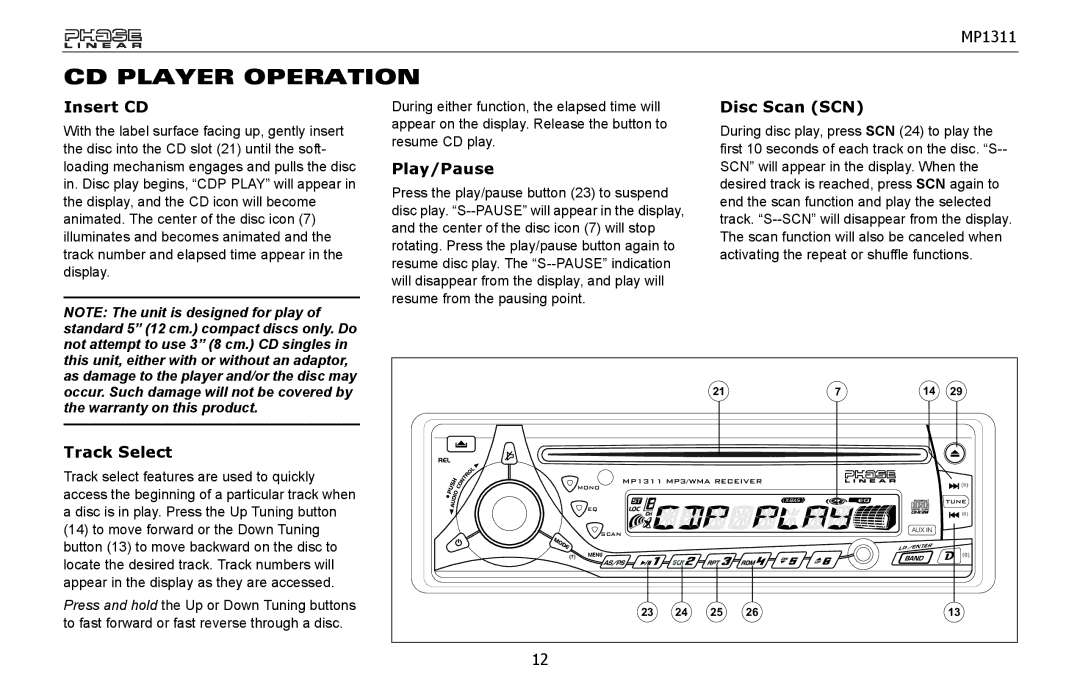 Jensen MP1311 owner manual CD Player Operation, Insert CD, Play/Pause, Disc Scan SCN, Track Select 