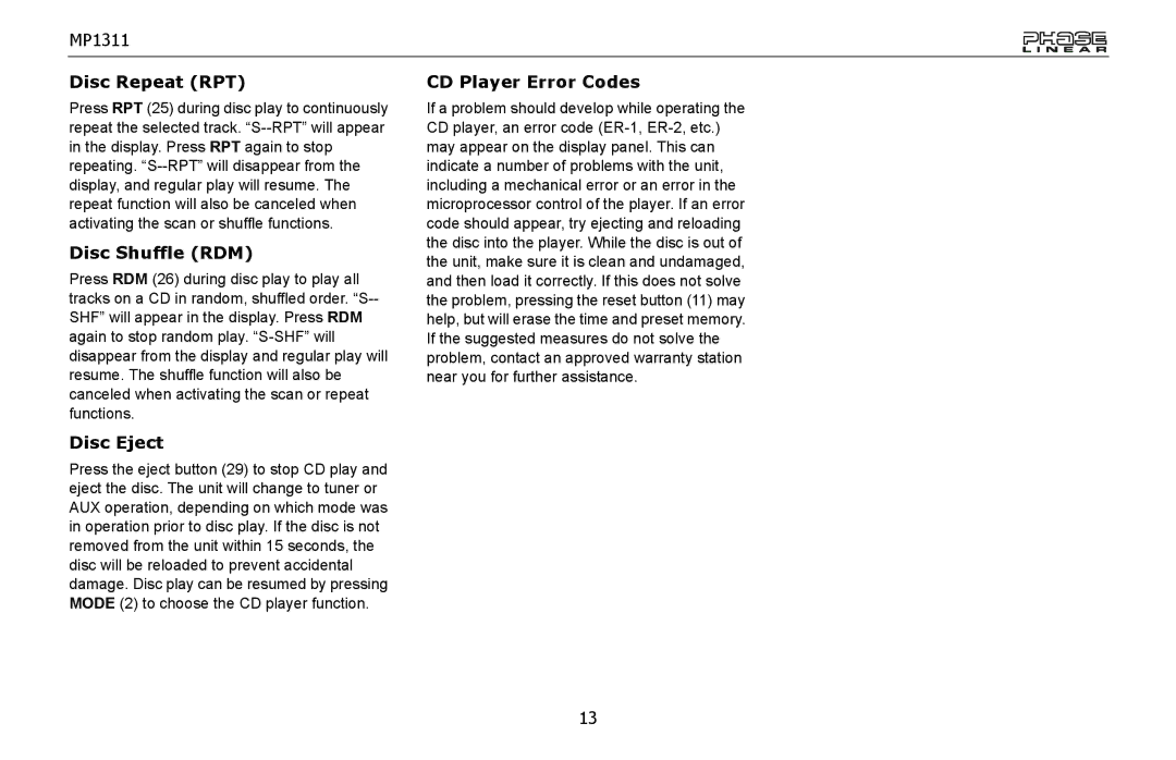 Jensen MP1311 owner manual Disc Repeat RPT, Disc Shuffle RDM, Disc Eject, CD Player Error Codes 