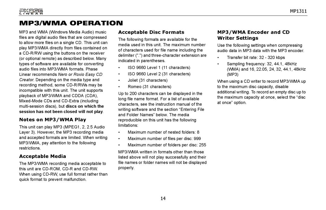 Jensen MP1311 MP3/WMA Operation, Acceptable Media, Acceptable Disc Formats, MP3/WMA Encoder and CD Writer Settings 