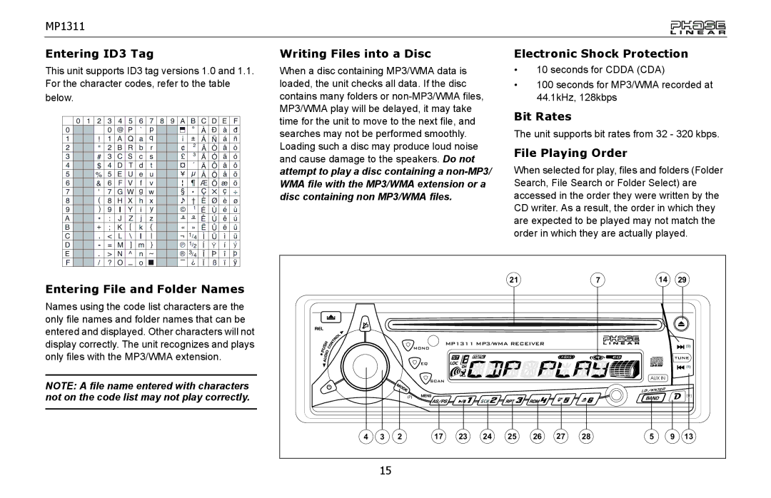 Jensen MP1311 Entering ID3 Tag, Writing Files into a Disc, Electronic Shock Protection, Bit Rates, File Playing Order 