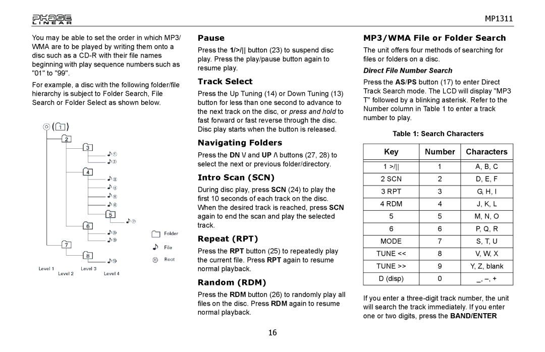 Jensen MP1311 owner manual Pause, Navigating Folders, Intro Scan SCN, Repeat RPT, Random RDM, MP3/WMA File or Folder Search 