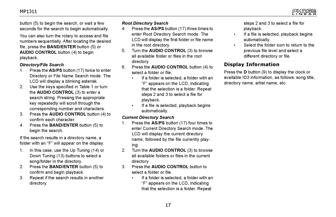 Jensen MP1311 owner manual Display Information, Directory/File Search, Root Directory Search, Current Directory Search 