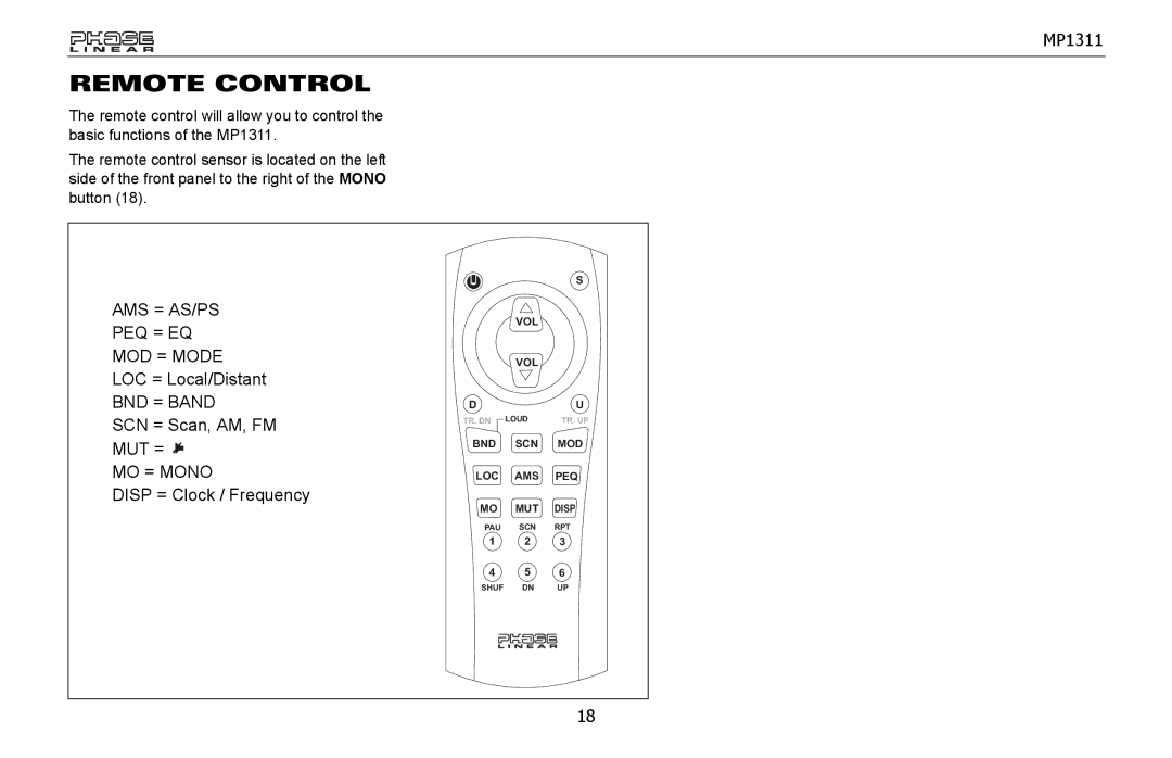 Jensen MP1311 owner manual Remote Control, MO = Mono 