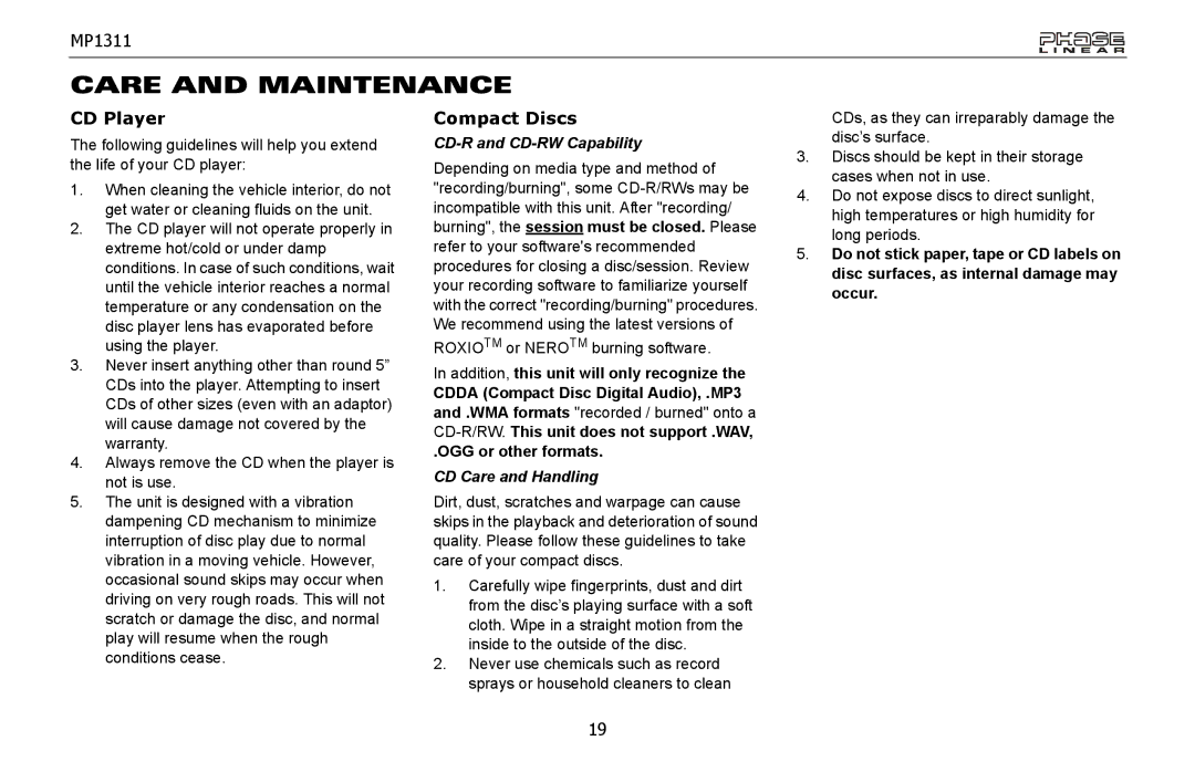 Jensen MP1311 owner manual Care and Maintenance, CD Player, Compact Discs, CD-R and CD-RW Capability, CD Care and Handling 