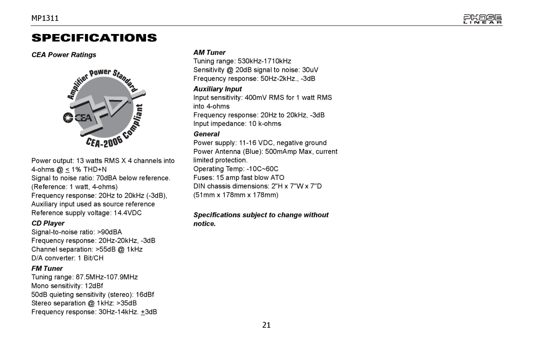 Jensen MP1311 owner manual Specifications 